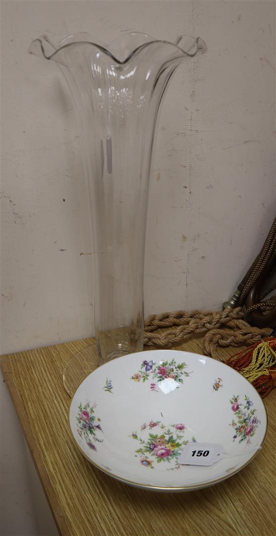 A Victorian glass lily vase, of ribbed tapered cylindrical form with everted frilled rim and a Minton Marlow bowl